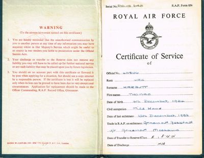 Dads RAF Certificate Of Service Page 1~0
