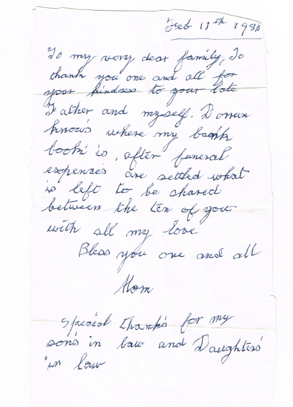 Letter from Ethel Dorothy Adams to her family
