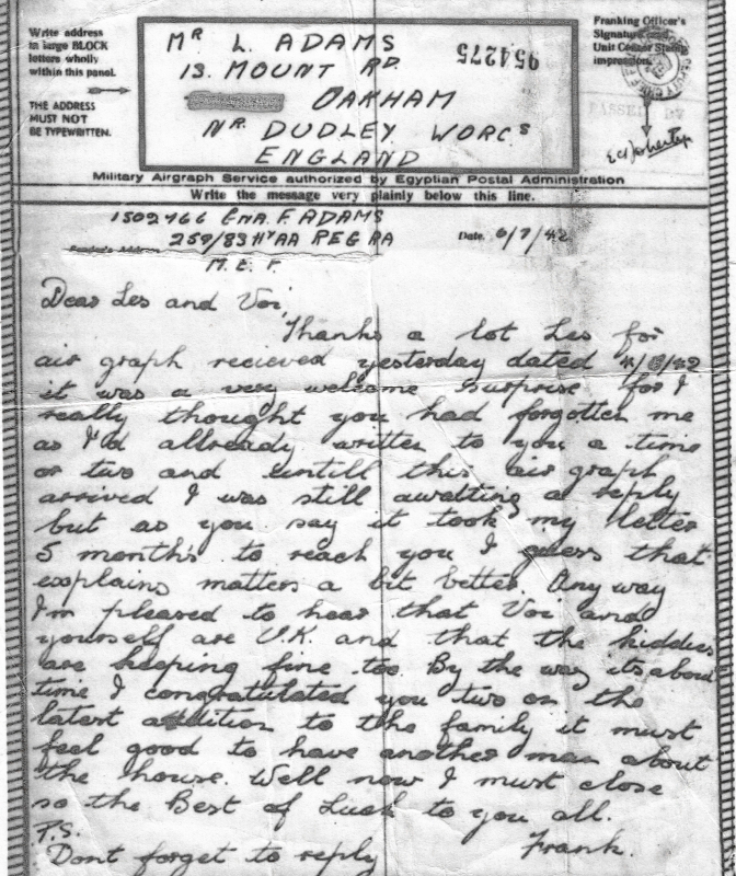 Letter from Frank Adams To Thomas Leslie Adams 1942
