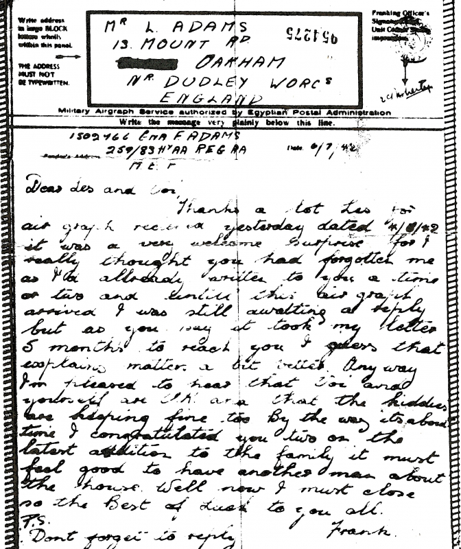 Letter from Frank Adams To Thomas Leslie Adams 1942 filtered
