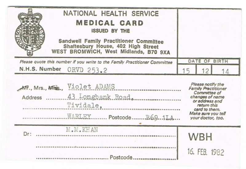 Medical Card Violet Adams
