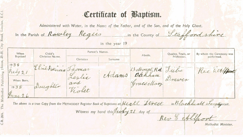 Pat Adams Baptism July 1938
