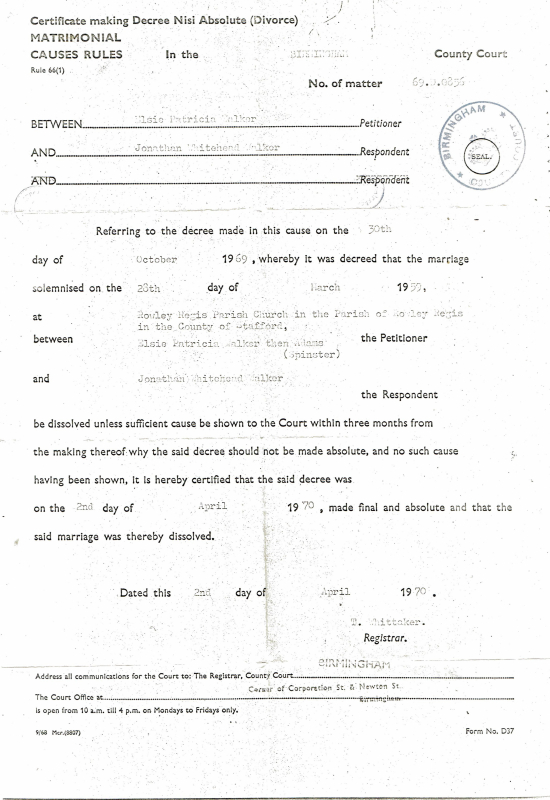 Pat Walker Decree Nisi 1969
