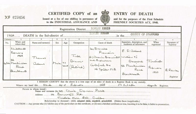 Thomas Adams Death Certificate 1965
