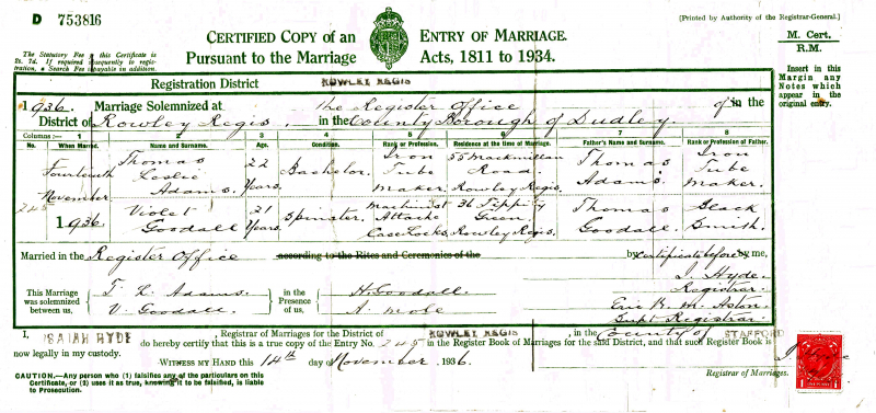 Thomas Leslie Adams and Violet Goodall Marriage Certificate 1936
