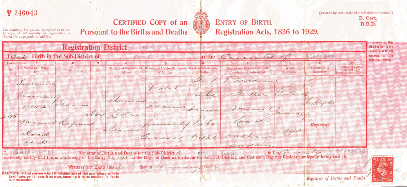 Thomas Raymond Adams Jan 1942 Birth Certificate
