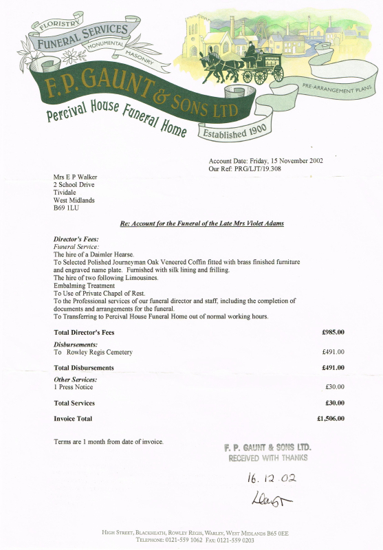 Violet Adams - Funeral Bill 2002
