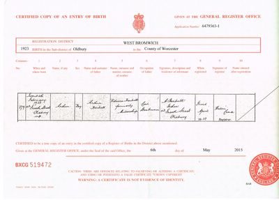 Arthur Harbutt 1923 Birth Certificate

