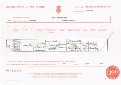 Birth Cert Ann Frain 25 04 1867
