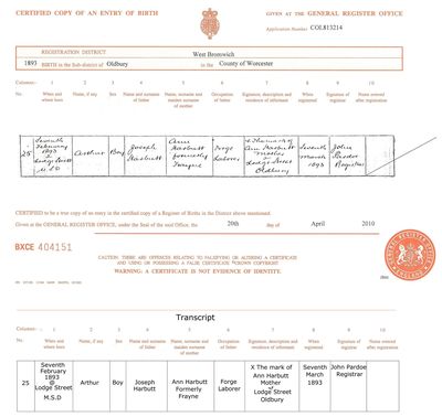 Birth Cert Arthur Harbutt
