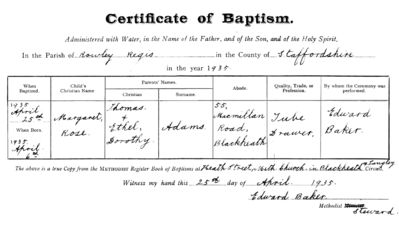 Certificate Of Baptism Margaret Adams Born 06 04 1935
