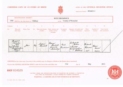 John  Jack  Harbutt Birth Cert 31st Dec 1927
