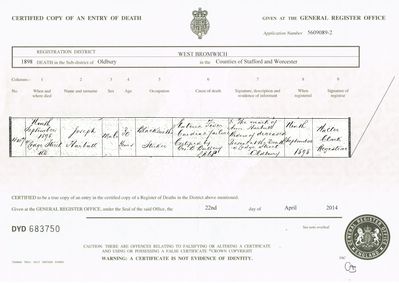 Joseph Harbutt Death Cert 09 09 1898 Oldbury
