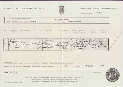 Sarah Harbutt  Cook  Death Certificate 1904
